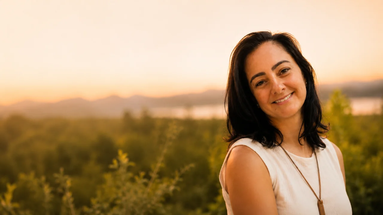 Lizzie Garcia em um cenário natural ao pôr do sol